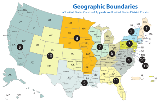 PDF by the US Government, of the Geographic Boundaries of the United States Court of Appeals. [Public domain], via Wikimedia Commons