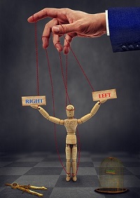 Puppet controlled by hand with left and right signs, freedom in a cage. Public Domain.
